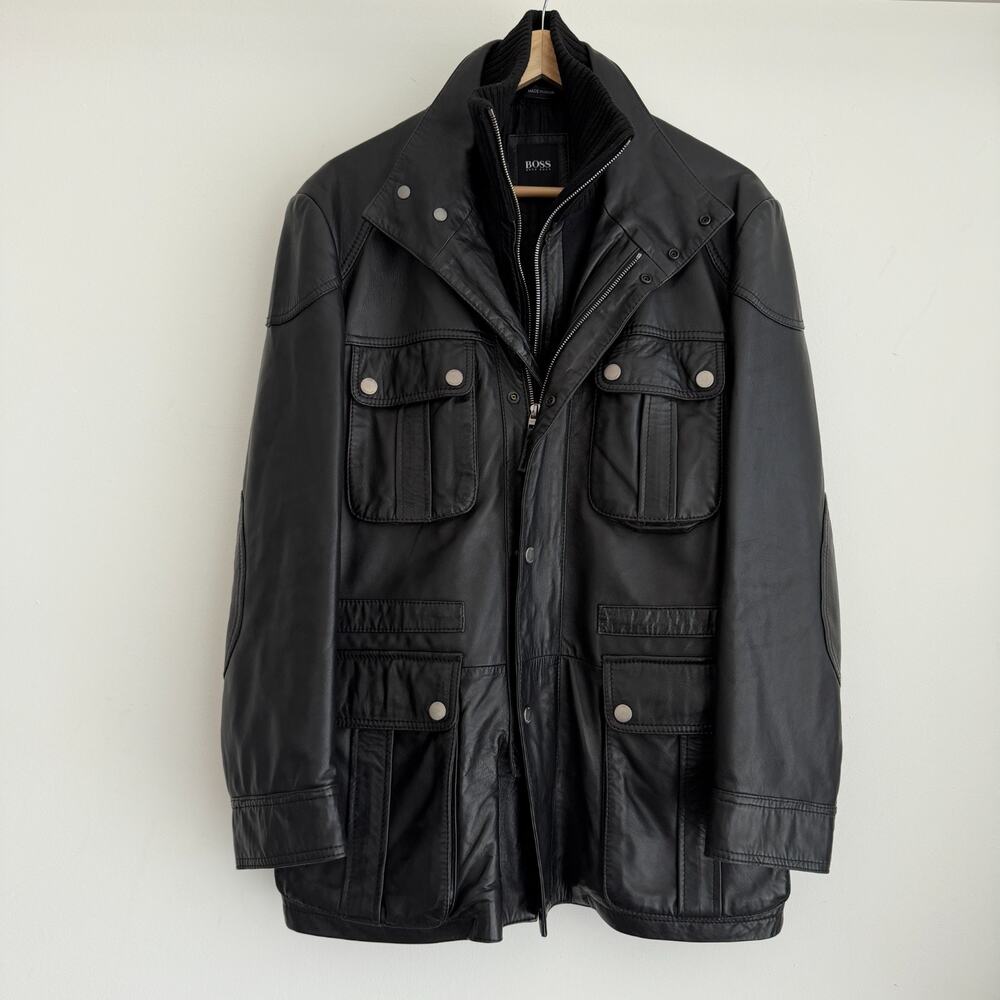 Hugo Boss Leather Jacket Men 38R Black Goatskin Military Field Biker Safari Coat